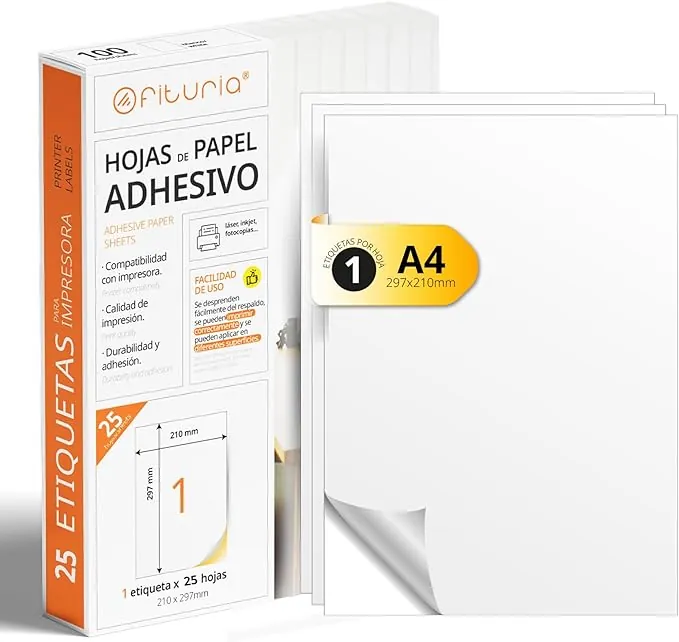 Etiquetas Adhesivas Blancas, Crea tus Pegatinas Personalizadas para cualquier Superficie, Papel A4 Adhesivo Seguro, Etiqueta Adhesiva para Imprimir - Ofituria (1 por hoja, 25h)