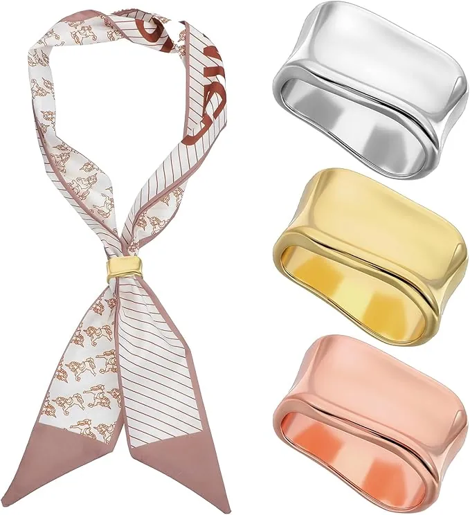 Set de 3 anillos para bufandas para mujer, clips para bufandas de metal dorado y plateado, broche geométrica minimalista, clip para bufanda de seda, accesorios de moda
