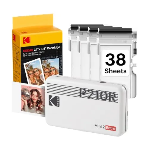 KODAK Mini 2 Retro Navidad Regalos 4Pass, Impresora Fotográfica + 38 Fotos, Fotos Instantáneas Tamaño 54X86mm, Conexión Inalámbrica Bluetooth - Blanco