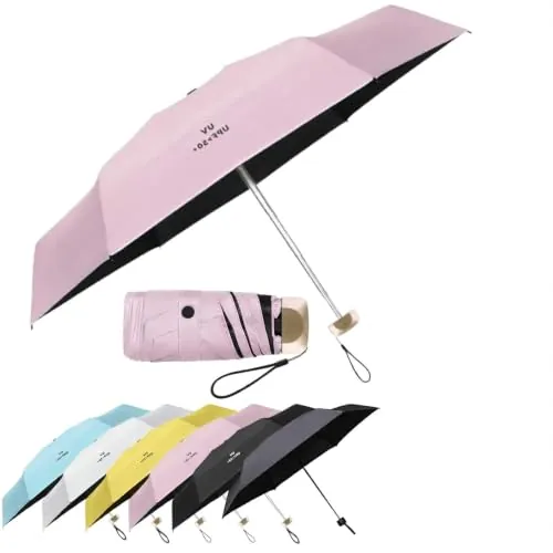 Vicloon Mini Paraguas, Paraguas de Viaje Portátil 6 Varillas, Paraguas Plegables con 210T Negro Tela de Goma, Aleación de Aluminio de Costilla & Mango Dorado, Resistencia UV & Impermeable - Rosado