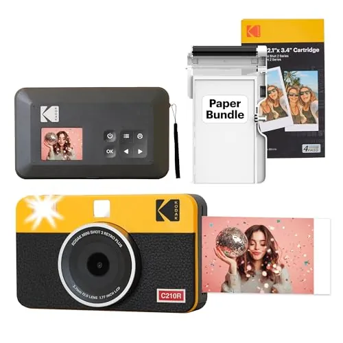 KODAK Mini Shot 2 Retro 4PASS 2-en-1 Cámara Instantánea e Impresora de Fotos (5,3x8,6cm) + Pack con 38 Hojas, Amarillo