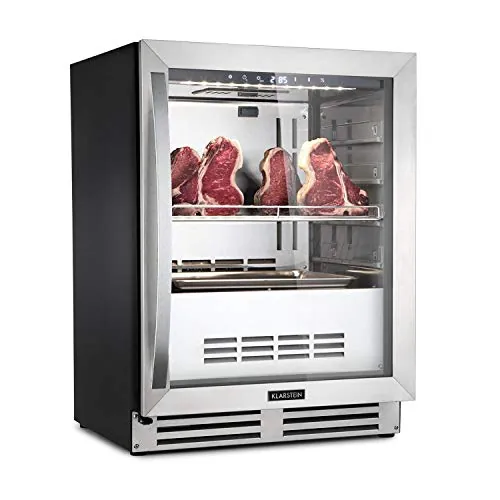 KLARSTEIN Steakhouse Frigorífico de Maduración Dry-Aged, Nevera 1 Zona con Puerta de Cristal, Interior y Exterior, Iluminación LED, Libre Instalación o Empotrable, Temperatura 1-25°C, 98 L