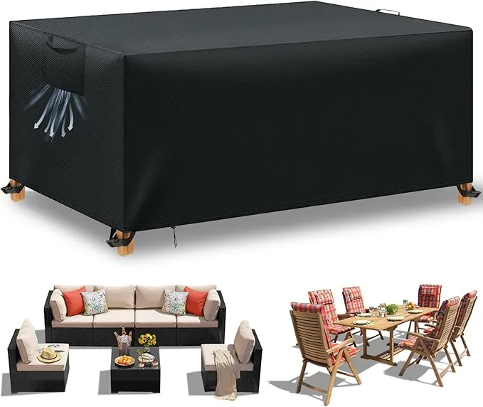 Funda para Muebles de Jardín Exterior, Funda Mesa Exterior Impermeable, Tela Oxford 420D, Anti Viento, Anti UV Funda Protectora Mesa Exterior con Salidas de Aire,Negro, 180x120x74 cm