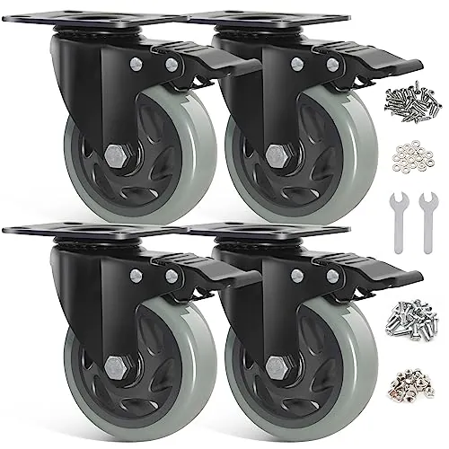 BAOLIHUI Ruedas para Muebles de 100mm Gris para Trabajo Pesado con Freno y Tornillos - Set de 4 Ruedas Pivotantes de Carga Pesada - Ruedas Industriales de Placa - Soportan hasta 600KG