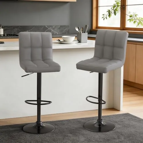 Bigzzia Juego de 2 taburetes de Bar de Piel sintética giratorios, Altura Ajustable, con Respaldo, para mostrador de Desayuno, Cocina y hogar (Nuevo Juego Gris)