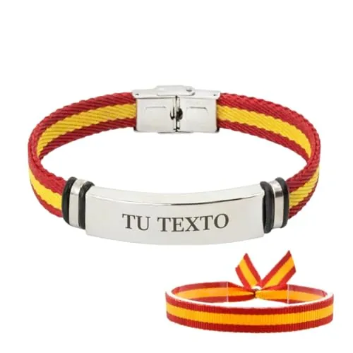 RIQUEZA Y ARTE Pulsera hombre personalizada con la bandera de españa de acero inoxidable - Regalo personalizado para hombre. Pulsera ajustable con un acabado profesional (17-22cm) (PLATEADA)
