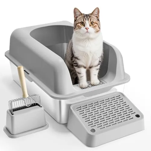 VEVOR Caja de Arena para Gatos 60 x 40 x 30 cm Arenero Extragrande de Acero Inoxidable con Pala, Tablero Ancho con Filtro y Lados Altos, Arenero Semiabierto sin Olores para Gatos Grandes, Gris Claro
