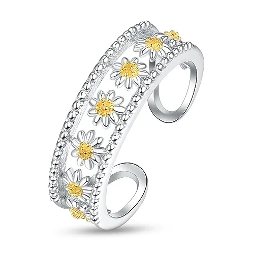 KINGWHYTE Anillo de Plata de Ley 925 con Margaritas y Flores Ajustables Como Regalo de Deshierbe, Regalo del día de San Valentín, Mujeres y Niñas, Plata de ley