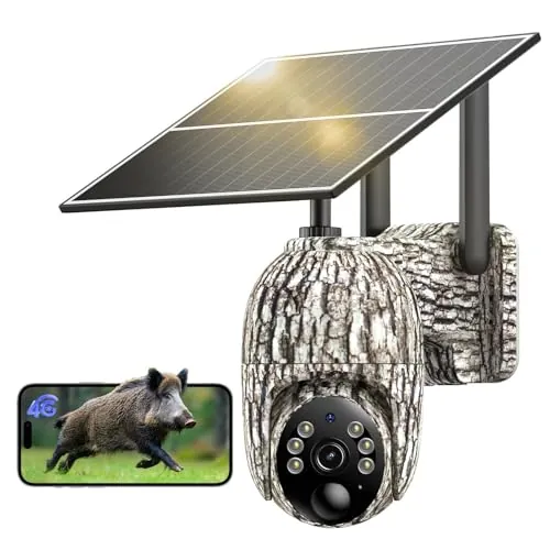 NUASI 4G Camara Vigilancia Exterior, Solar Cámara fototrampeo SIM sin WiFi, 360° Inalámbrico Cámara con 2K Visión Nocturna en Color, PIR Detección de Movimiento, Audio de 2 vías, IP66