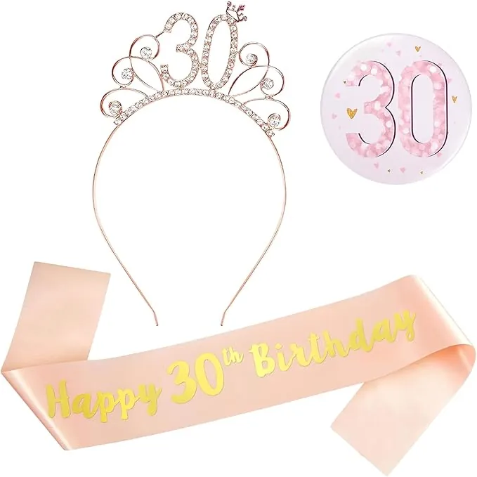 Fajín y Tiara para Niña de 30th Cumpleaños, Cinta decorativa de Cumpleaños y Tiara de oro rosa, Fajín de Cumpleaños y Tiara Set para Mujeres para Fiestas de Feliz cumpleaño