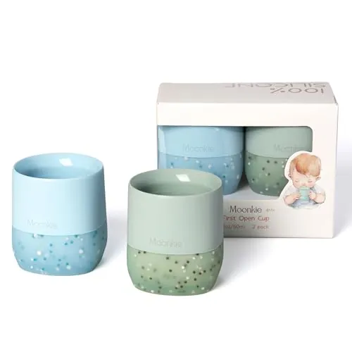 Moonkie Vaso Bebé de Silicona, Paquete de 2 Vasos 60 ml con Base Ponderada, para Bebé desde 4 Meses, sin BPA, Marcas de Capacidad, Apto para Lavavajillas y Microondas(Éter/Menta)