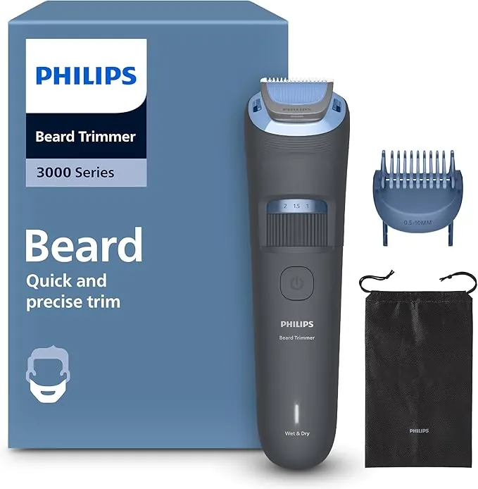 Philips Serie 3000 - Cuchillas con puntas redondeadas, 20 posiciones ajustables, peine-guía, 100% resistente al agua, indicador de batería, carga USB, funda, modelo BT3619/15