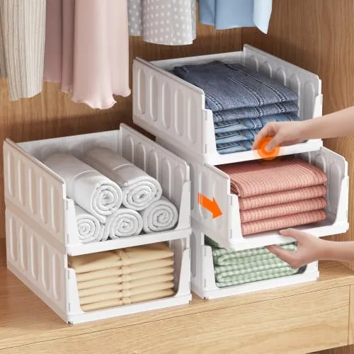 Lifewit Organizador de Armario Apilable, Cajas de Almacenaje Extensibles para Ropa, Camisetas y Pantalones, Cajones de Plastico para Separadores Closet de Baño, Cocina y Camping, 24L, Blanco, 5 Pack