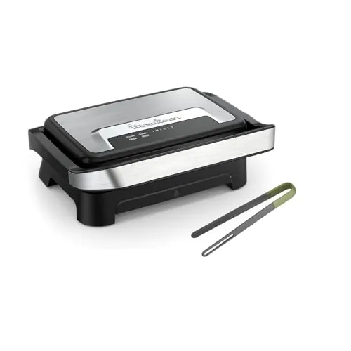 Moulinex Inicio Compact, plancha para paninis y grill, 1000 W, placas de cocción antiadherentes, apertura ajustable, acabado Inox, incluye pinzas, diseño compacto y fácil de usar, GI2710M