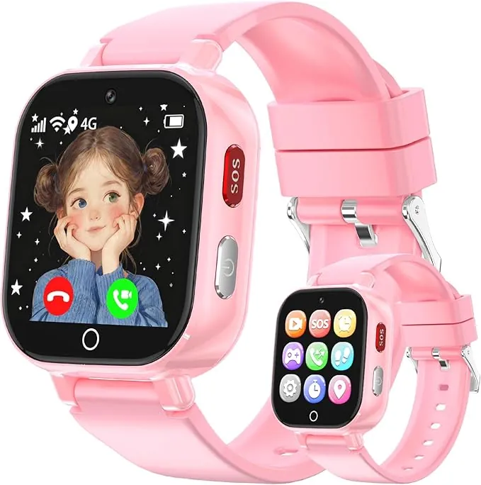 Reloj Inteligente Niño 4G Llamadas, Smartwatch Niños con GPS Telefono Videollamada SOS Chat de Voz Modo Clase Cámara Cronómetro Podómetro Calculadora, Reloj Infantil Niño Niña de 4 a 12 Años, Rosa