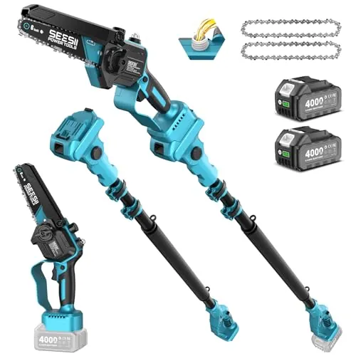 SEESII 2-en-1 Inalámbrica Podadora Telescópica & Mini motosierra, Podadora Eléctrica sin Escobillas de 6 Pulgadas con Asta Telescópica, Mini Motosierra a Batería con 2 Baterías de 4000 mAh.