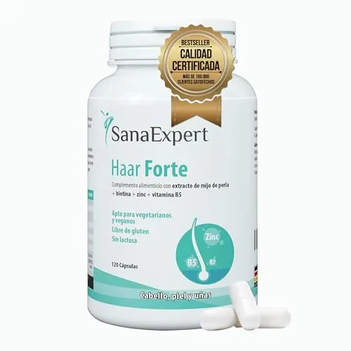 SanaExpert Haar Forte | Fortalece Cabello y Uñas. Con Biotina, Zinc, Mijo de Perla y Selenio. Vitaminas Para Un Cabello Fuerte | 120 Cápsulas Veganas, Anticaída. Fabricado en Alemania