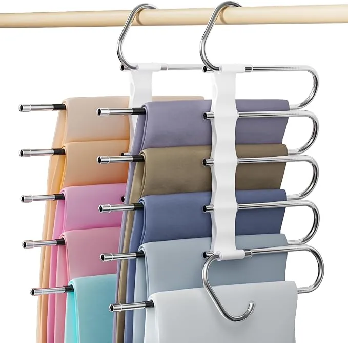 DAMITA Perchas Pantalones Percha Multiple Ahorra Espacio Antideslizantes Plegables 2 Piezas 5 en 1 Blanco De Acero Inoxidable Extensible para Pantalones Bufandas Vaqueros Ropa Perchero Vertikaler