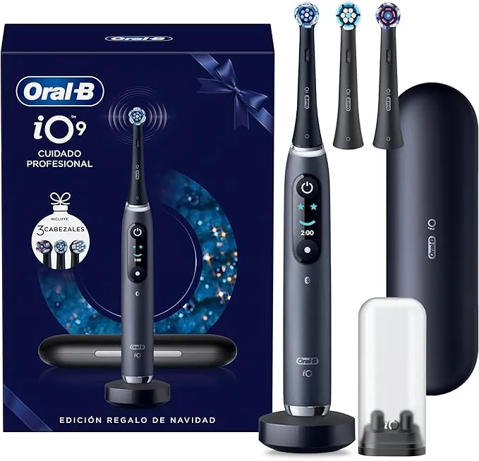 Oral-B iO 9 Cepillo de Dientes Eléctrico Negro con Mango Recargable, 3 Cabezales De Recambio y Estuche Cargador De Viaje, 7 Modos De Cepillado, Sensor De Presión, Diseñado por Braun