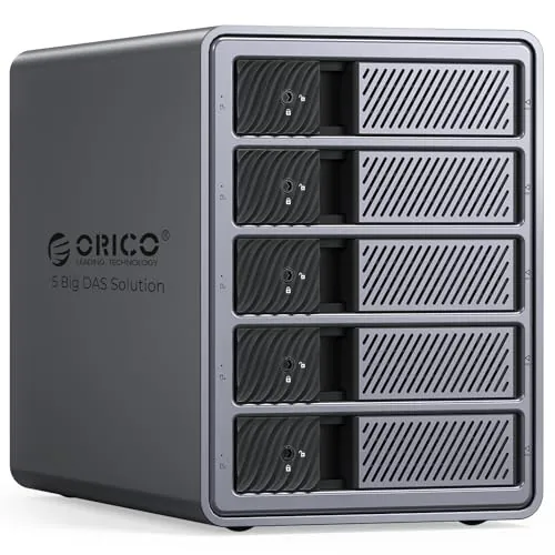 ORICO Caja de Aluminio Raid para 5 Discos Duros de 3,5 Pulgadas hasta 5X 22TB, Fuente de Alimentación de 150W Integrada, con Ventilador, Soporta Raid 0/1/5/10 (9858RU3)