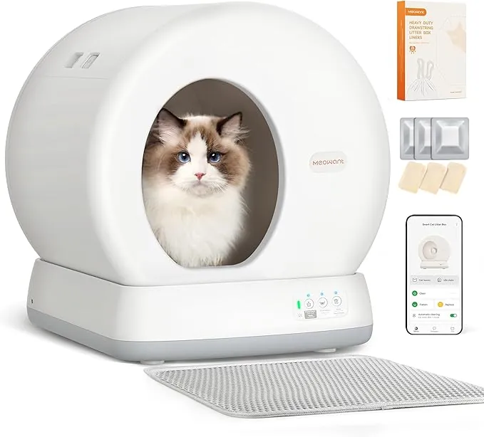 Arenero Gatos Autolimpiable MeoWant con Sistema de Seguridad Avanzado, Arenero Automatico, Extragrande, con Control de Olores y Control por Aplicación, con Tapete y Forro