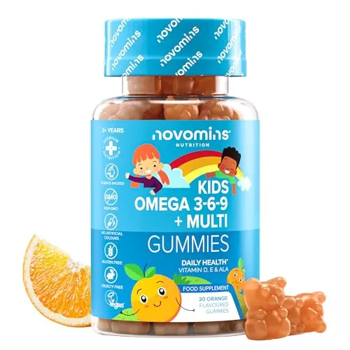 Omega 369 para Niños | 30 Gominolas | 50 mg ALA | Omega 3 Vegano | Novomins | con Vitaminas D y E | Ácidos Grasos Sin Gluten | Alternativa a las Omega 3 Cápsulas para Niños | Sabor Naranja