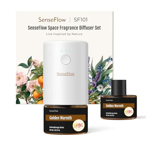 SenseFlow Difusor Aceites Esenciales Difusor de Aromas SF101 Pro - Ultrasónico Sin Agua, 100 % Vegetal, Aromaterapia120-Días, para Hogar, Hotel y Estudio hasta 100㎡, Calidez Dorada