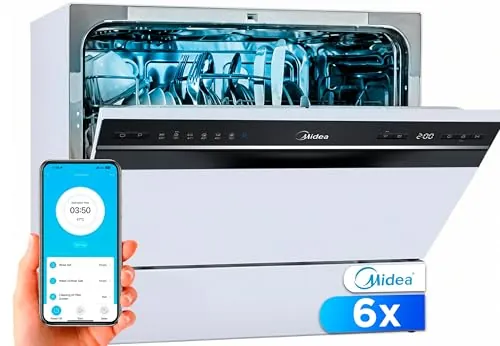 Midea Lavavajillas Pequeño Blanco 55cm de 6 servicios - Lavavajillas Compacto y Portatil sin Instalación - Lavaplatos con App Control, 6 Programas, Modo ECO, Filtro Antibacterias, Función Secado, 49db