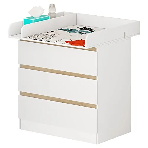 WOLTU Mueble Cambiador para Bebé, Cómoda con 3 Cajones, Cambiador Bebé 80x74,5 cm, Dividido en 2 Zonas, Cajonera de 48x80x78 cm, Blanco+Roble Claro
