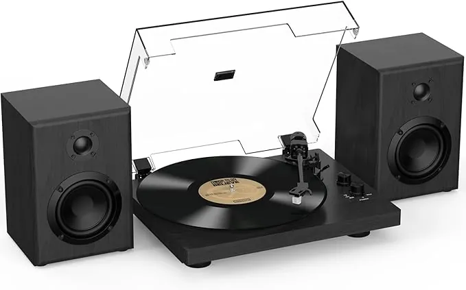 Trynnay Tocadiscos con contrapeso Ajustable, Entrada/Salida Bluetooth, 33/45 RPM, Reproduce Discos de Vinilo de 7/10/12 Pulgadas, Sonido Hi-Fi para Amantes de la música de Vinilo, Negro