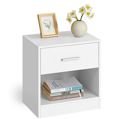 VASAGLE Mesita de Noche con Cajón, Asa, Compartimento Abierto | Mesa Auxiliar, para Dormitorio, Salón, Blanco Nube, Colección CUSTOS LET619T14