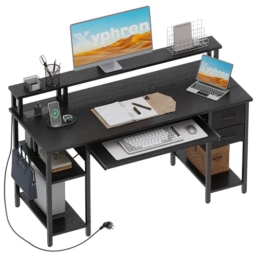 Xyphren Escritorio con 2 cajones, Estante Lateral Ajustable en Altura, Soporte Monitor, Enchufe y Bandeja Teclado, Escritorio Gaming para Home Office, Oficina y salón,120x50cm, Negro