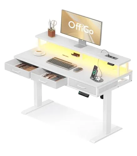 OffiGo Mesa Elevable Escritorio con Cajones, 120cm Mesa Escritorio, Blanco