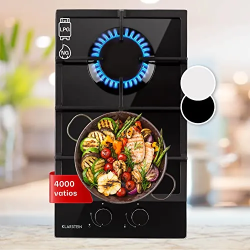 Klarstein Cocina de Gas Butano, 2 Fuegos Placa de Gas para Encimera Cocina, Potencia de 4000W, Placa Butano Integrada de Acero y Cristal, Fogones para Cocinas, Encimera de 2 Anillos GPL