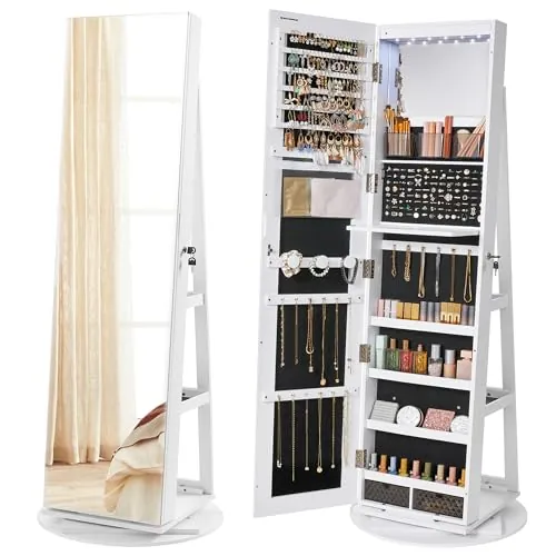SONGMICS Espejo Joyero con 6 LEDs, Armario de Joyas de Giro de 360°, Organizador de Joyas Giratorio, sin Marco, Espejo Completo con Almacenaje, Superficie Blanco y Forro Negro JJC007W01
