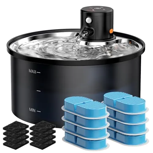 Fuente para Gatos sin Cable: Bebedero Gatos Automatico - Fuente Gato con Sensor de Movimiento - 3.2L Fuentes Agua Gato con Bateria 4000mAh Recargable - 3 Modos - con 8 Filtros + 8 Esponjas