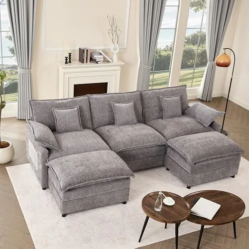 Litbird 274 cm Sofá 3 Plazas Modular en Forma de U con Pufs Móviles, Gris