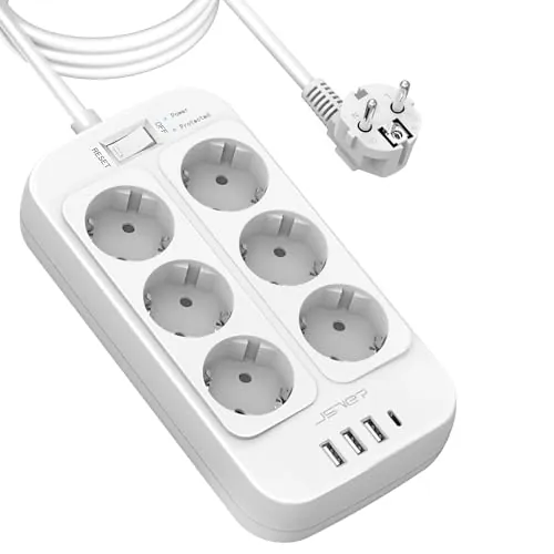 JSVER Regleta de 3 m, protección contra sobretensiones, 6 enchufes con 4 puertos de carga USB, enchufe múltiple con USB C, regleta de enchufe para montaje en pared (3680 W 16 A) para smartphones