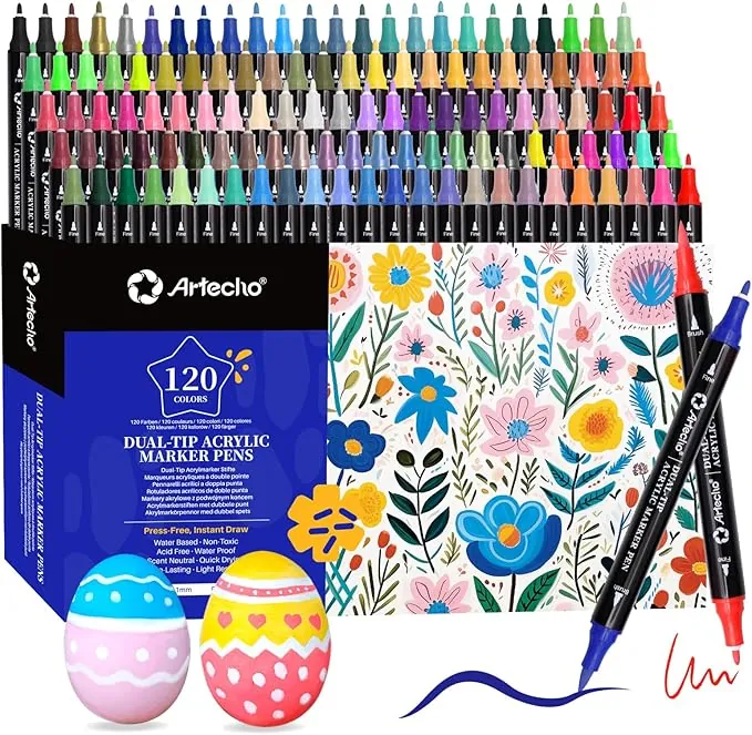 Artecho Lápices acrílicos de 120 colores, 0,5 – 5 mm, resistente al agua, doble punta (pincel y punta fina), con extremos dobles para pintura de roca, papel, madera, huevo, lienzo