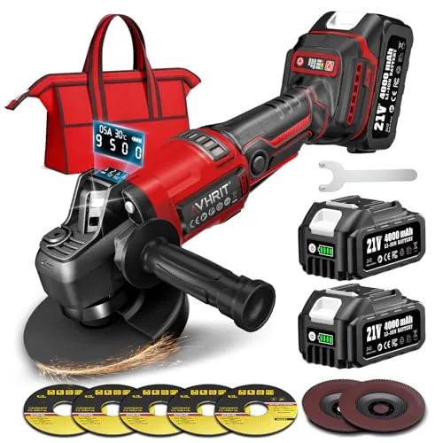 Avhrit Amoladora angular con batería, 10.000RPM Amoladora Angular inalámbrica Motor Sin Escobillas, 2X4000mAh, 3 Velocidades, Bloqueo de Spindle Rápido, Mango Anti-Vibración para Cortar, Desbastar