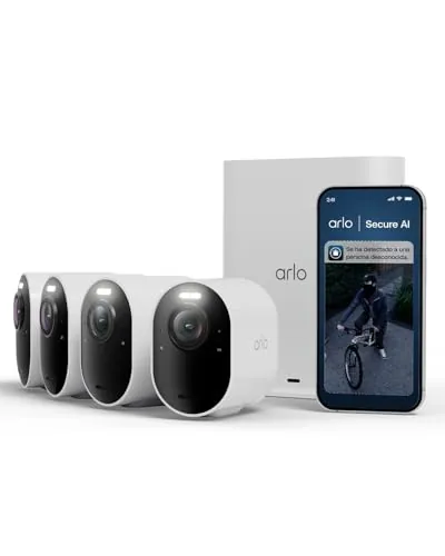 Arlo Ultra 3, Cámara de Vigilancia Exterior WiFi 4K UHD, Reconocimiento por IA, Vsión Nocturna a Color, Audio bidireccional, Funciona con Alexa, Prueba de Secure App incluida, 4 Cámaras + Smarthub