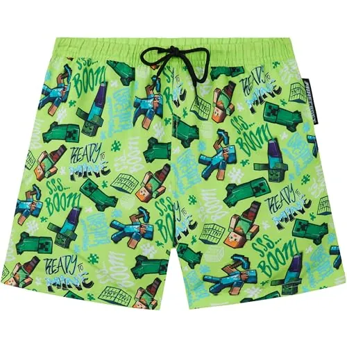Get Trend Minecraft Bañador Niño 7-14 Años, Pantalon Corto de Baño con UPF 50+, Forro de Malla, Bolsillos y Cintura Ajustable (11-12 Años, Verde Minecraft)