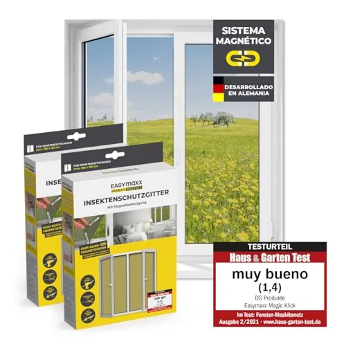 EASYmaxx Mosquitera para ventanas con Magic Click | Cortada a medida para todas las ventanas de hasta 150 x 130 cm | Fácil instalación con 12 imanes - sin taladrar ni atornillar [2 Piezas]