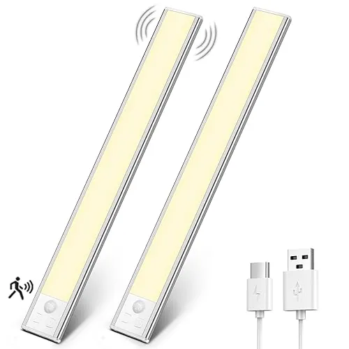 OUILA Luz de Armario con Sensor Movimiento 6500K Recargable Luz Nocturna,31CM Regulable Lampara LED Adhesiva para Gabinete, Pasillo, Escalera, Sótano, Cocina, Garaje-2 Packs