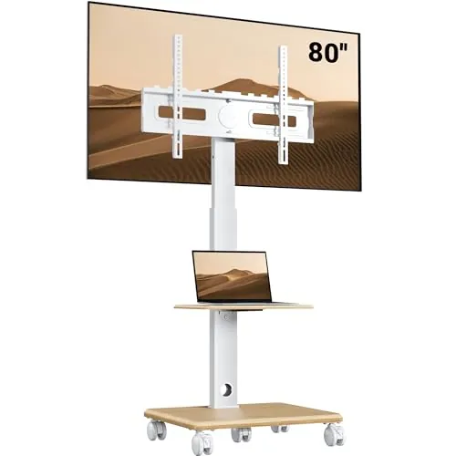 BONTEC Soporte TV Suelo Blanco Base Madera 5 Ruedas Carro TV