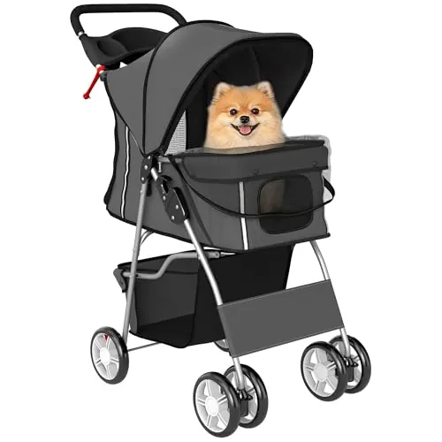 PawHut Carrito para Perros Plegable hasta 10 kg, Cochecito para Perros Pequeños con Ruedas de EVA y Frenos, Cesta de Almacenaje, Ventanas de Malla, Portavasos, Cojín Lavable, 75x45x97 cm, Gris Oscuro