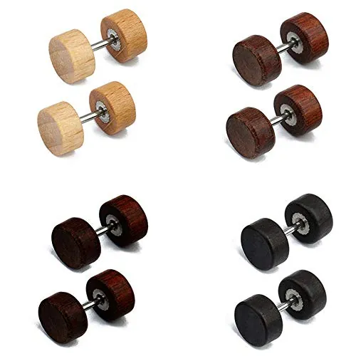 Epoch World 4 Pares de Aretes para Hombre y Mujer Negro Hipoalergénico Acero Inoxidable Pendientes Madera Hombre Hipoalergénico Barbell Ear Plugs Faux Gauges Piercing 8MM