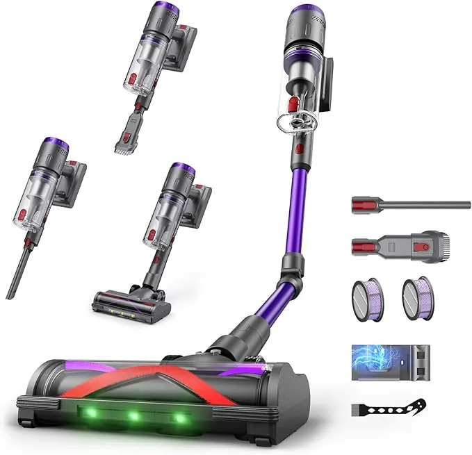 Aspiradora Sin Cable 58000Pa/600W/75Min, Escoba Aspiradora sin Cable de 1.6L, Pantalla Táctil LED Inteligente, Aspirador Inalámbrico Antienredo, Ideal para Suelos, Alfombras y Pelo de Mascotas