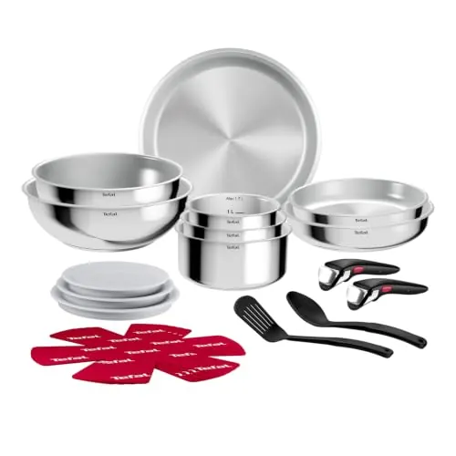 Tefal Ingenio Comfort Max - Juego de 8 Piezas + 11 Acc, Sin antiadherente | 3 Sartenes 22/24/28 cm + Wok 26 cm + Guisera 24 cm + 3 Cazos 16/18/20 cm + 11 Acc, Acero inoxidable, Apto Inducción