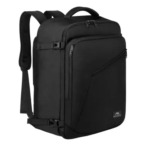 MATEIN Mochila Viaje Cabina Avion 55x35x25, Expandible Mochila Cabina Avion | Mochila 55x35x25 Grande 50l para Air Europa, Hombre y Mujer Travel Backpack Impermeable Multifuncional para Viajes, Negro